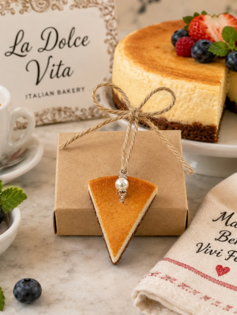 Italian New York Cheesecake Ornament | Handmade Dessert Slice Kitchen Decor